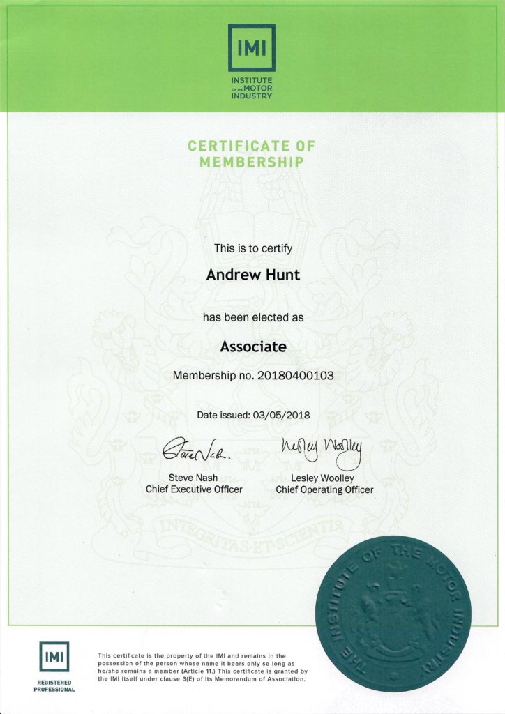 Certificate of Membership to Institure of the Motor Vehicle